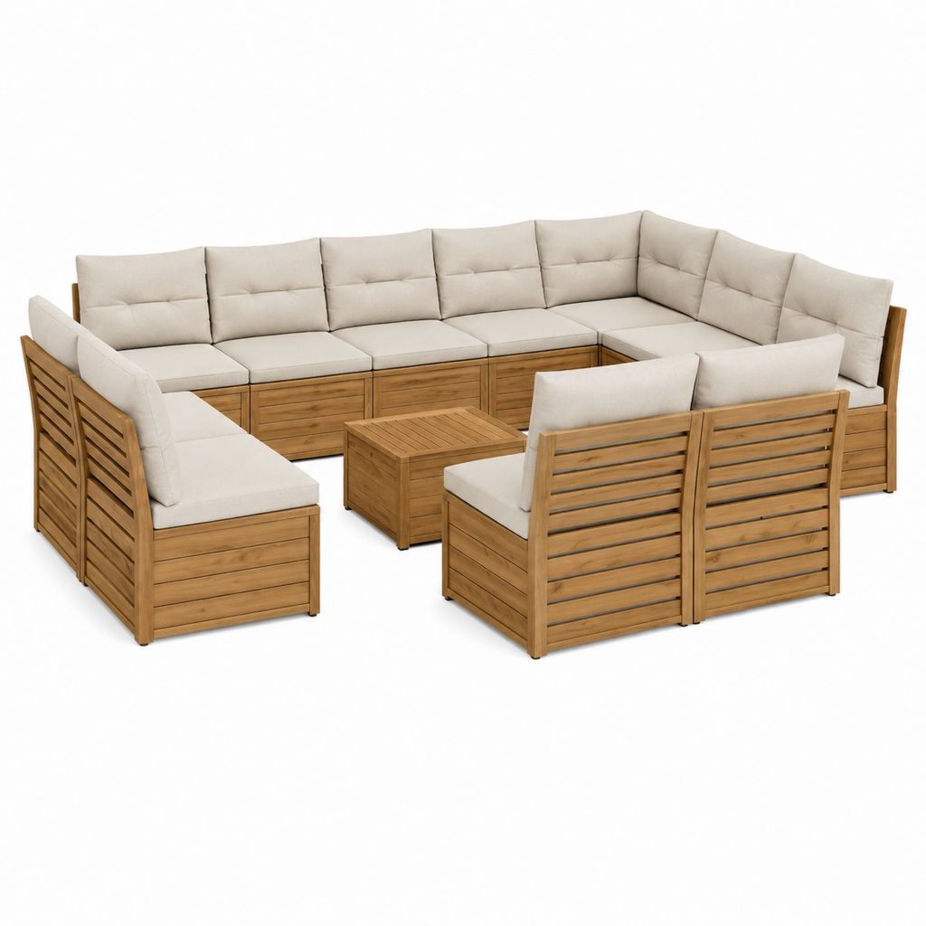 U-förmiges Gartensofa Lounge-Set Beige Naturbraun Akazienholz 320 x 235 x 75 cm