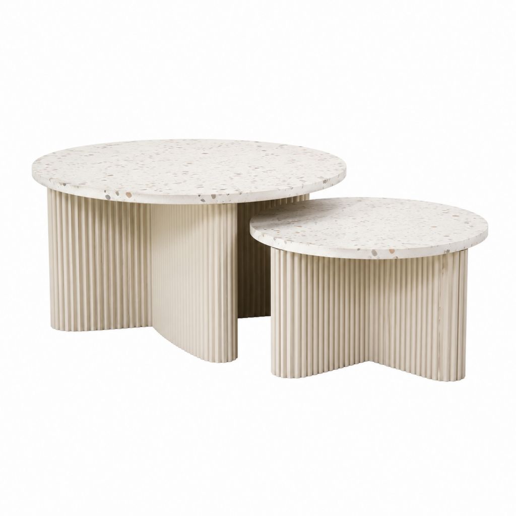 Couchtisch Set 2-teilig Cremeweiß Terrazzo Rund Ø 80 x 45 cm und Ø 60 x 35 cm