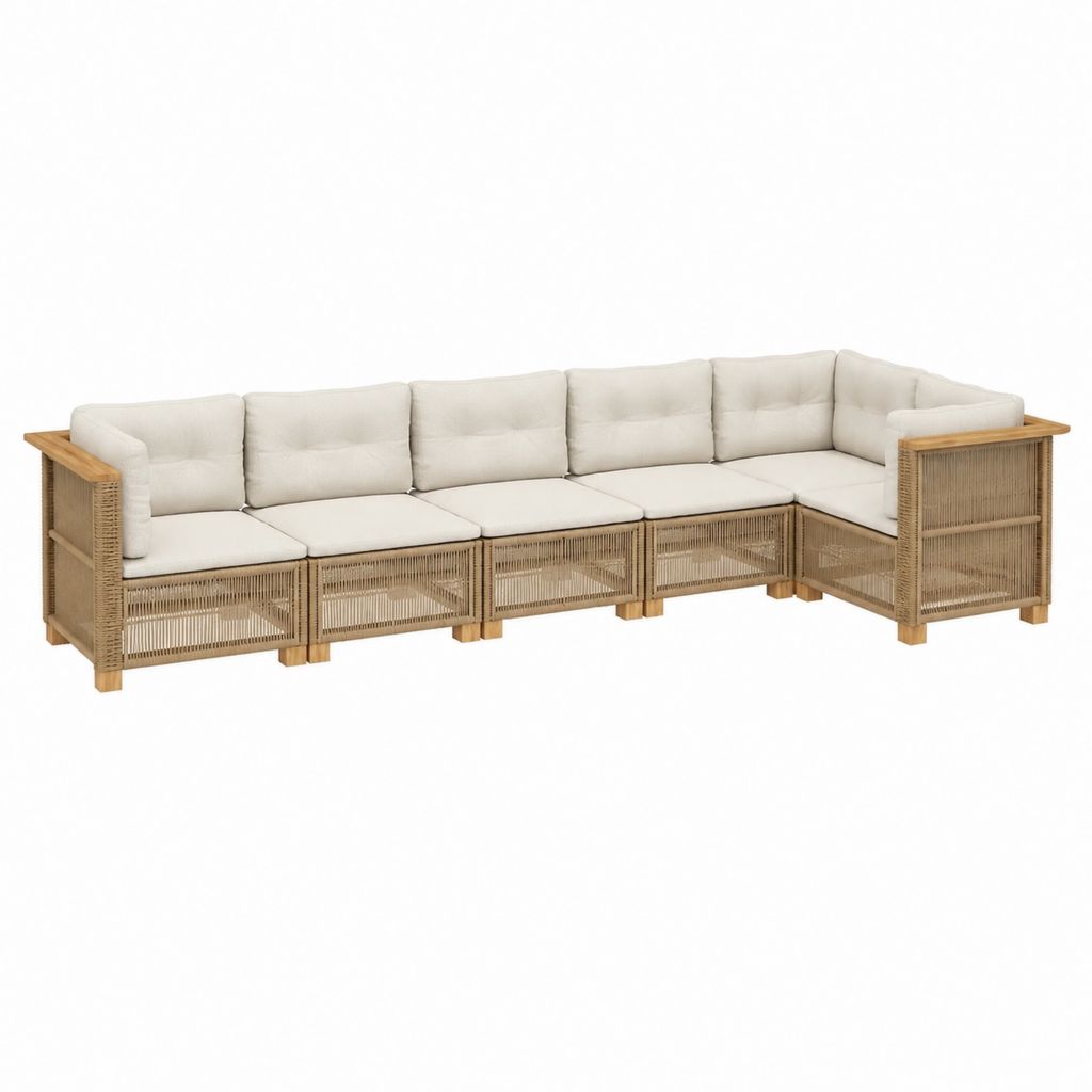 Gartenlounge Ecksofa 6-Sitzer Naturbeige aus Akazienholz und PE-Rattan 300 x 220 x 75 cm