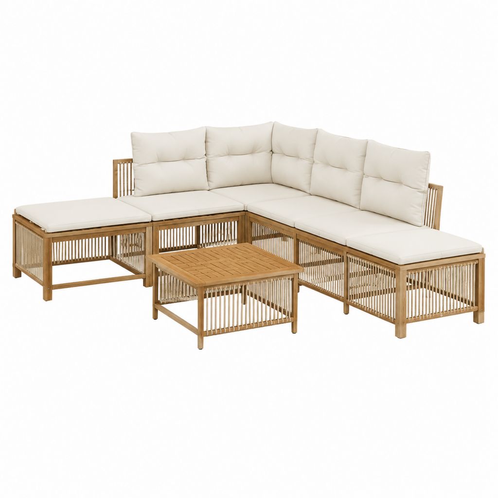 Gartenlounge Ecksofa 4-teilig Natur Bambus mit cremefarbenen Polyesterkissen 250 x 200 x 70 cm