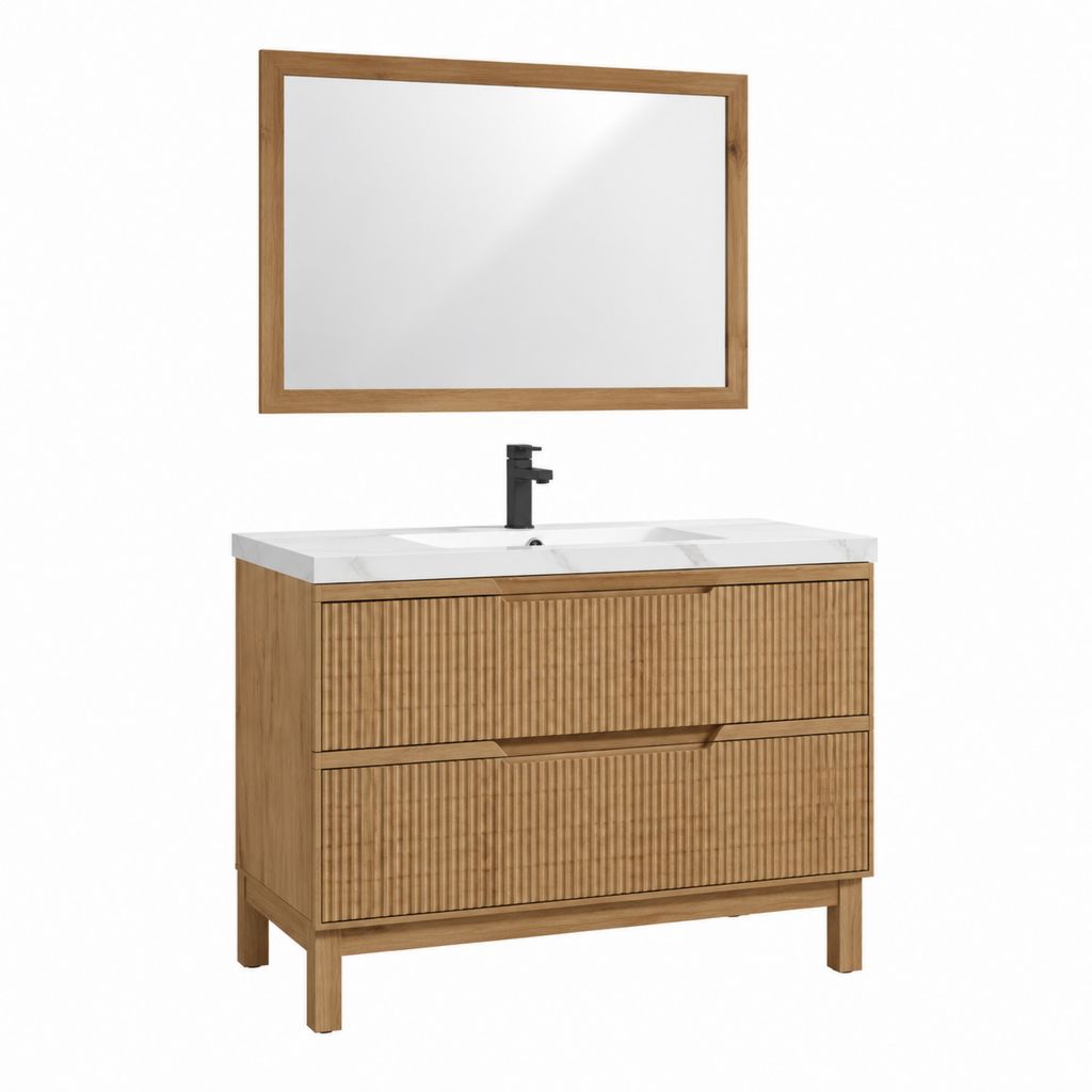 Badmöbel Set Waschtischunterschrank mit Waschbecken und Spiegel Eiche Sinterstein rechteckig 90 x 46 x 85 cm
