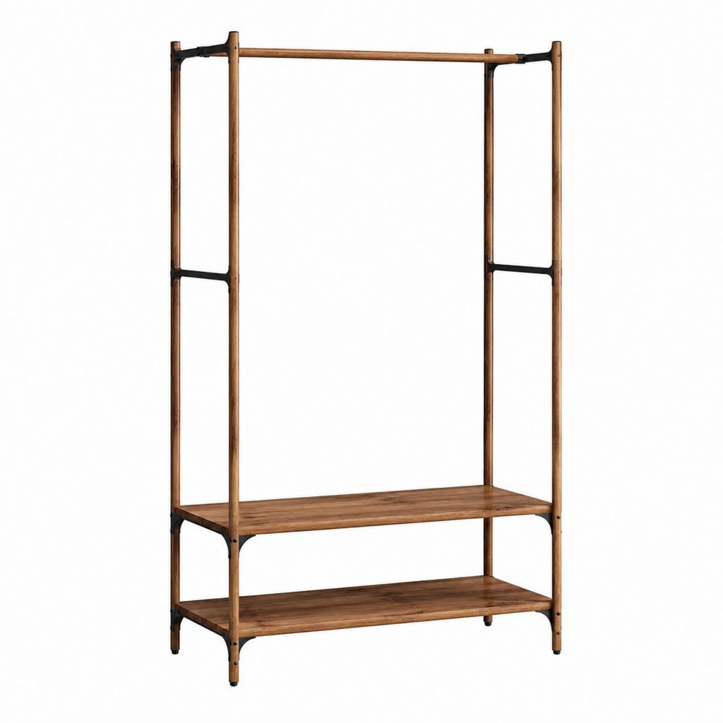 Offener Kleiderschrank Braun aus Bambus mit Kleiderstange und 2 Ablagen 80 x 45 x 180 cm