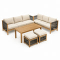 Gartenlounge Set 5-teilig Beige Akazienholz Polyester und PP-Seilgeflecht mit 3-Sitzer 2-Sitzer Tisch und Hockern Tisch 120 x 60 x 45 cm