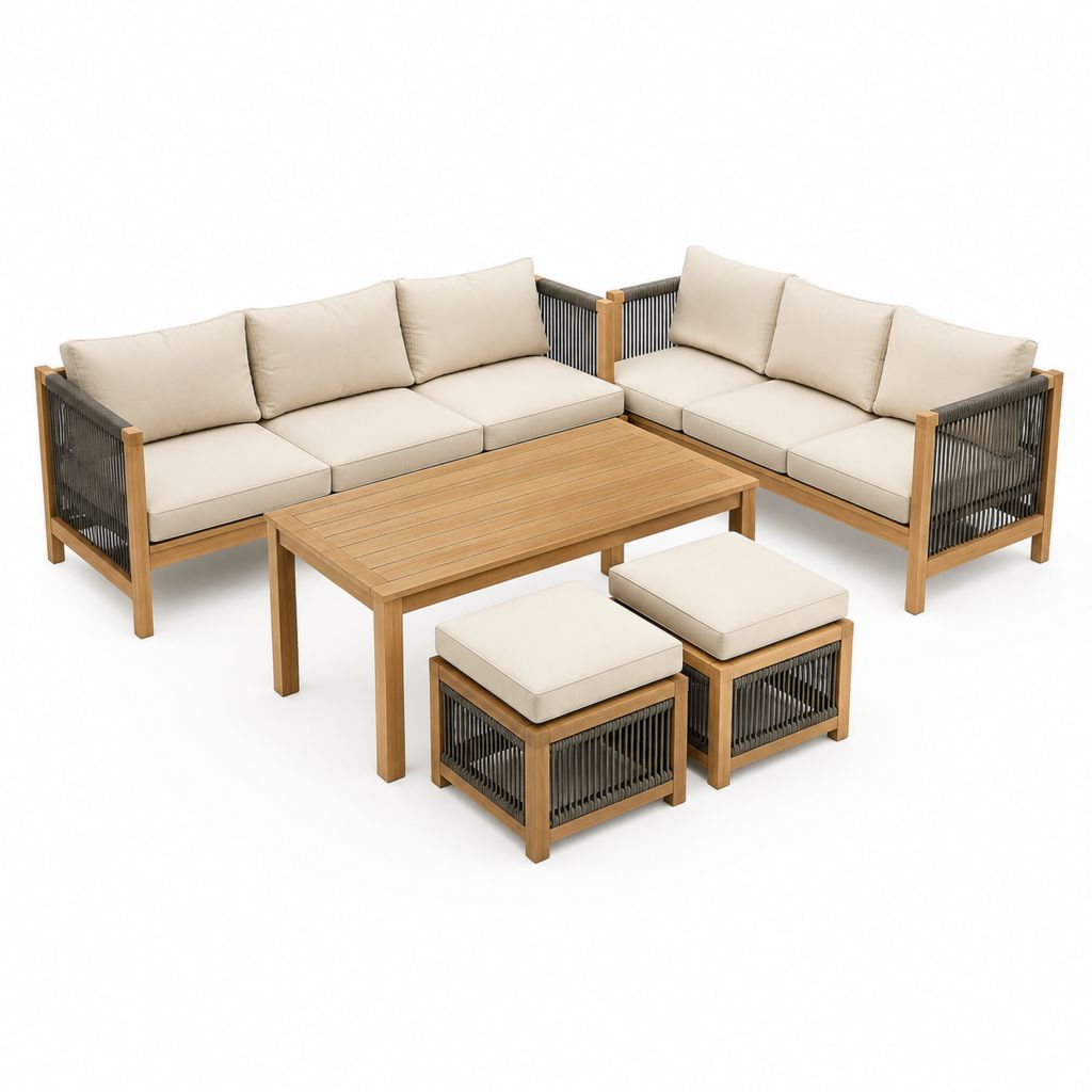 Gartenlounge Set 5-teilig Beige Akazienholz Polyester und PP-Seilgeflecht mit 3-Sitzer 2-Sitzer Tisch und Hockern Tisch 120 x 60 x 45 cm