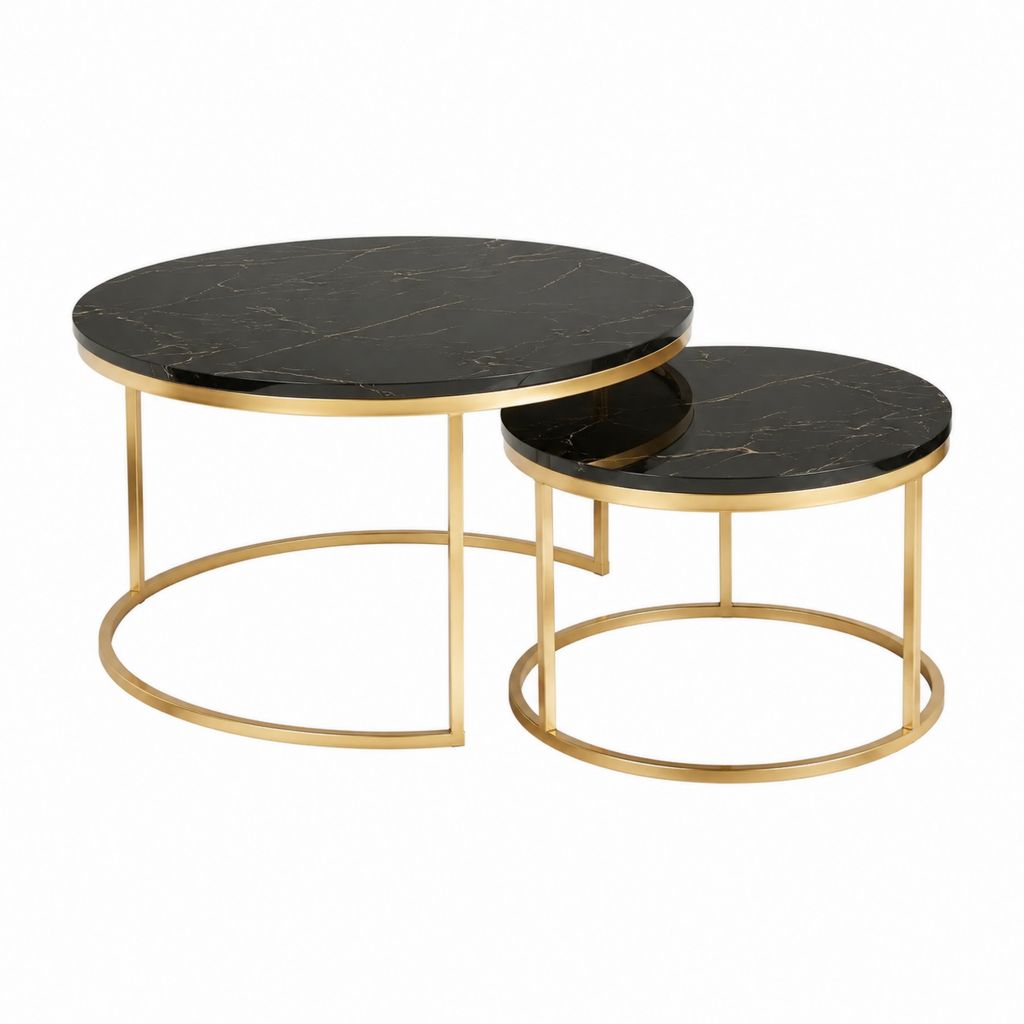Couchtisch Set 2-teilig Schwarz Gold Sinterstein Rund 80 x 80 x 45 cm und 60 x 60 x 40 cm
