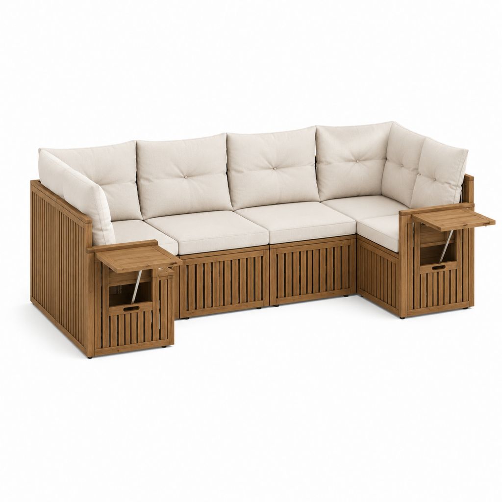 Gartenlounge Ecksofa Set Beige Akazienholz Polyester L-Form 280 x 210 x 78 cm