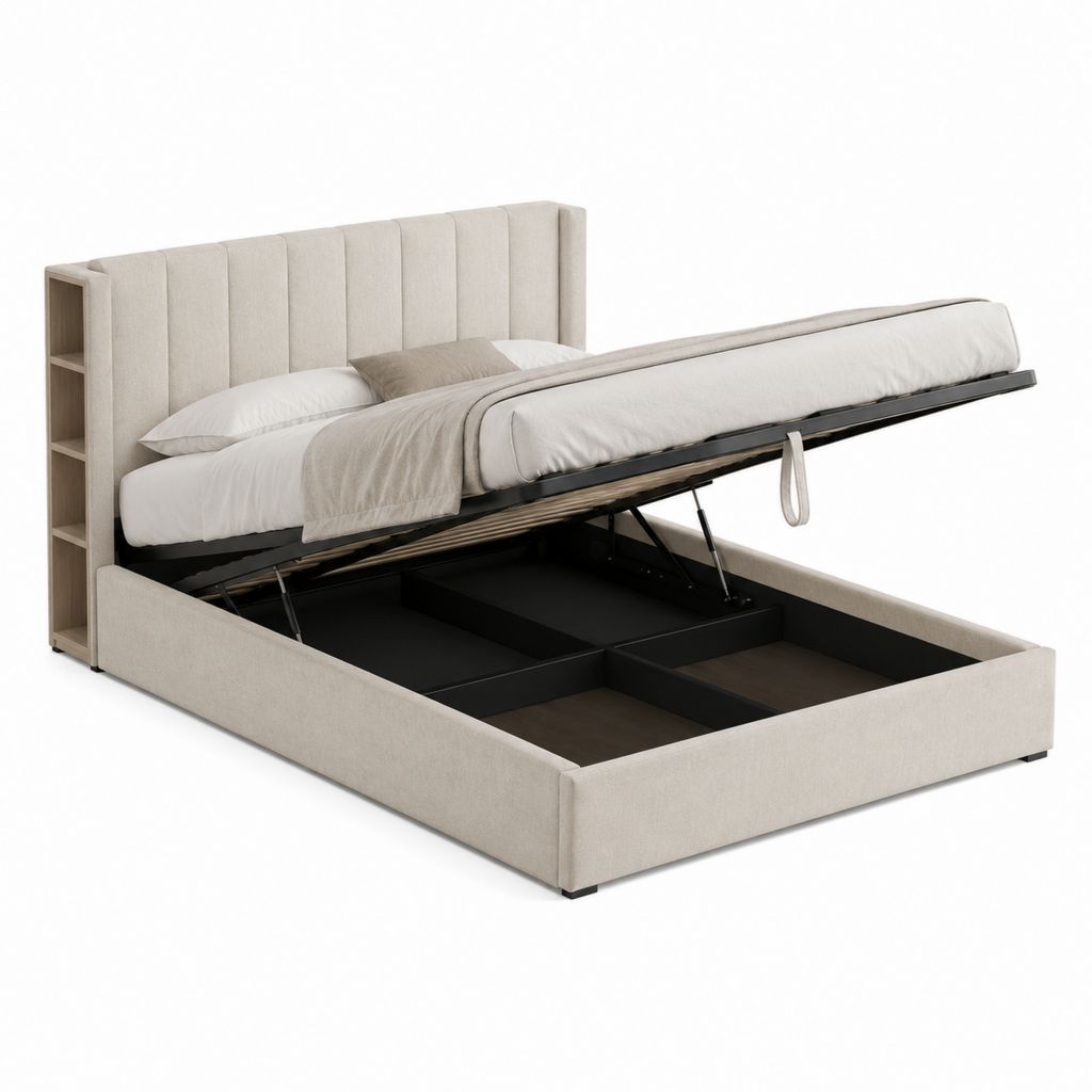 Stauraumbett Beige Polyester 160 x 200 cm Rechteckig mit Gasdruckfeder und Regal-Kopfteil